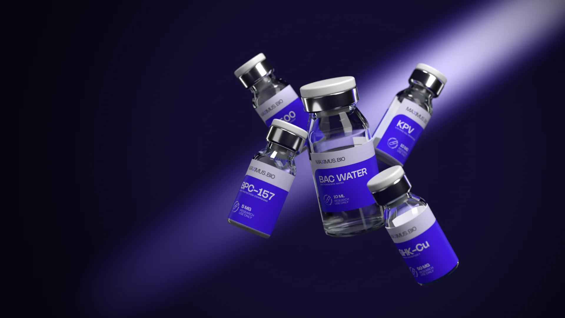 MAXIMUS.BIO vials of BAC Water, BPC-157, GHK-Cu, TB-500 and KPV floating together in a beam of light